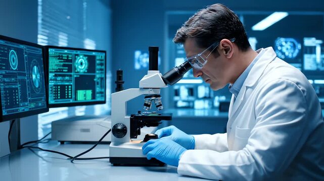 Scientist in a futuristic laboratory working on microelectronics and nanotechnology research using a microscope.