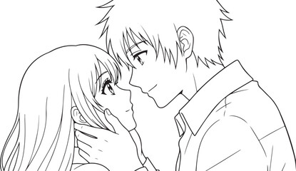 Valentine's Day Anime Couple Line Art Vector. 14 February Romantic Manga Sketch for T-shirt Print.