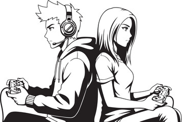 Valentine's Day Anime Couple Line Art Vector. 14 February Romantic Manga Sketch for T-shirt Print.