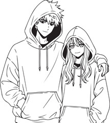 Valentine's Day Anime Couple Line Art Vector. 14 February Romantic Manga Sketch for T-shirt Print.