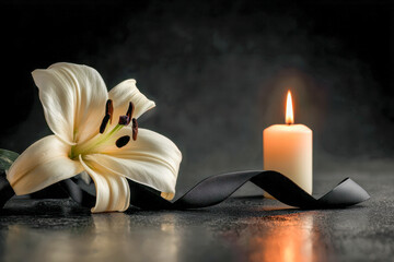 White lily with a black ribbon and a glowing candle creating a serene and reflective mood on a dark textured surface with soft shadows and highlights