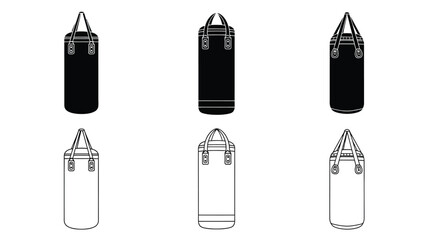 Simple black and white line drawing of three different boxing bag views