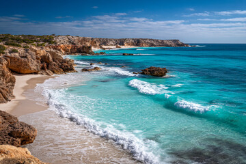 Turquoise ocean waves gently washing onto a rocky sandy beach under a bright blue sky along a rugged coastline on a peaceful sunny day