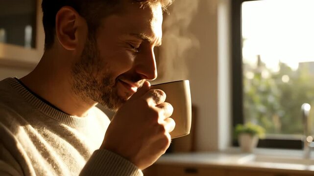 Happy relaxed man pouring and smelling a fresh cup of hot coffee in a sunlit kitchen