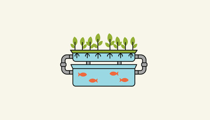 An aquaponics system integrated into a compact space combining fish tanks and plant beds in a harmonious cycle.