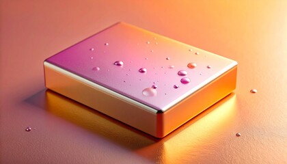 Rectangular metallic object with rounded edges and pink-orange gradient, surrounded by scattered spheres on soft-lit background.