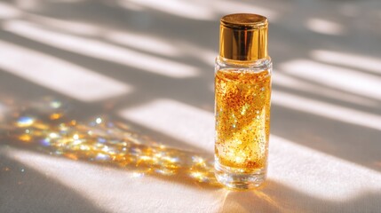 Cosmetic Serum Bottle Reflecting Sunlight With Sparkling Effects on a White Background During Midday