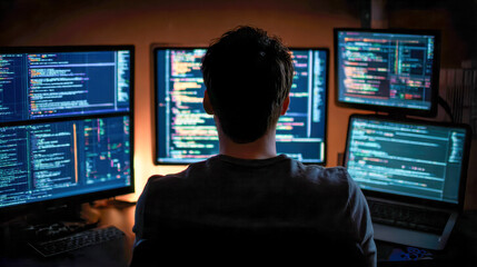 Programmer working late at night surrounded by multiple monitors displaying complex coding scripts in a dimly lit high-tech workspace environment