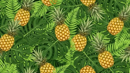 Fototapeta premium Tropical pineapples and green leaves seamless pattern for summer design