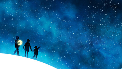 Obraz premium Family Walking Under a Starry Sky With Glowing Light, Fantasy Illustration