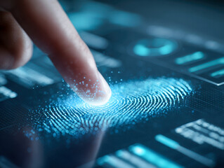 Finger scanning biometric fingerprint on futuristic digital screen with high-tech security interface and identification technology in cyber environment