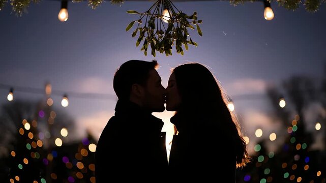 Romantic silhouette of a couple kissing under mistletoe on a winter Christmas night with festive lights.