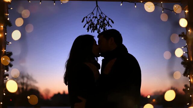 A romantic silhouette of a loving couple sharing a tender kiss under the mistletoe at twilight.