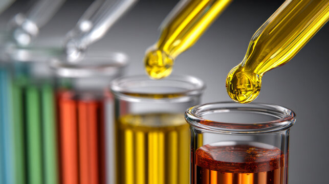 Laboratory glassware with colorful liquids and pipettes dropping yellow fluid in a scientific research experiment setting with a blurred background - Powered by Adobe