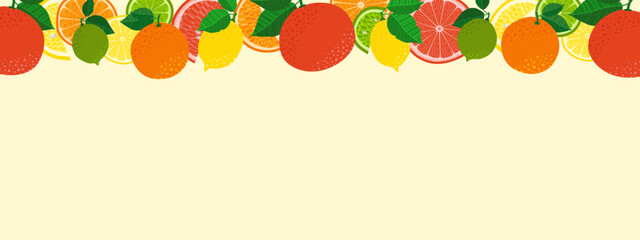 A vibrant citrus fruit banner design featuring lemon, orange, lime, and grapefruit images, with space for text. Ideal for summer sales, organic product ads, juice packaging, or fresh web designs.