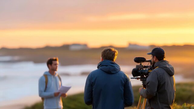 As dawn breaks, a dedicated film crew prepares for a sunrise shoot on a quiet beach, the soft golden light reflecting off camera lenses and sound equipment. The director reviews the storyboard