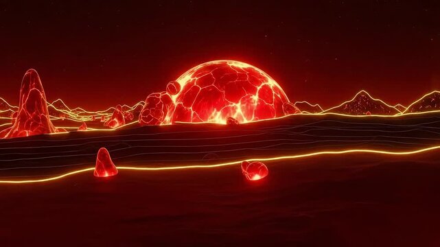 red molten sphere wasteland landscape with glowing toxic domes and pollution