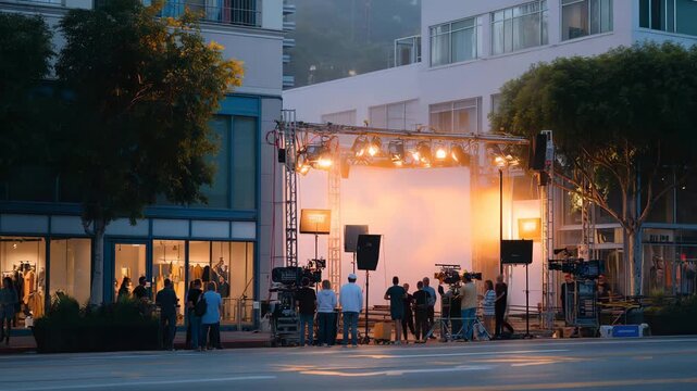 City street completely closed off for a film shoot at dawn, with production crew setting up massive lighting rigs, cameras on cranes, and extras waiting for direction &mdash; cinematic atmosphere of