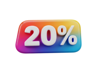 3D render of red 20% discount percent sign on transparent background for sale promotion