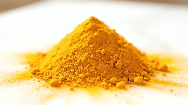 A detailed macro view of a cone-shaped pile of vibrant golden turmeric powder, a healthy cooking ingredient and aromatic seasoning.