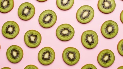 Fototapeta premium Pattern of fresh kiwi slices on pink background for creative design