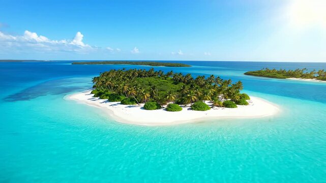 Stunning aerial view of a remote tropical paradise island with lush palm trees and a white sand beach surrounded by a turquoise ocean.