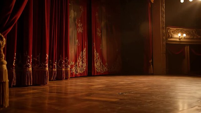 A slow pan reveals an empty vintage theater stage with elegant red velvet curtains and dramatic lighting