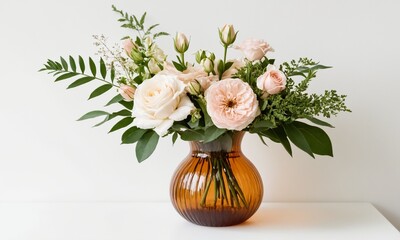 Obraz premium Elegant floral arrangement with pale pink and cream roses in a ribbed amber glass vase against a white background.