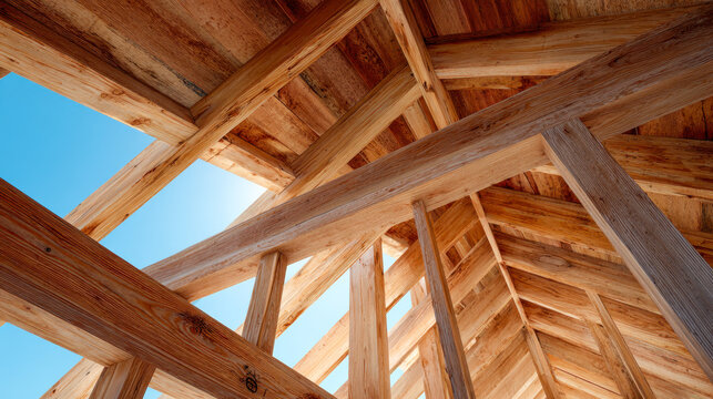 Perspective of wooden beams and trusses forming the roof structure of an outdoor construction under clear blue sky on a sunny day