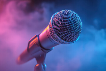 Vibrantly lit dynamic vocal microphone on stand with colorful pink and blue stage lights and smoky background for live performance or recording session
