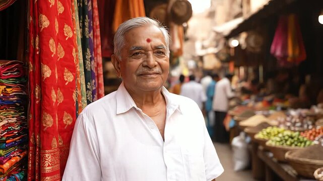 A portrait of a senior Indian man with a gentle smile in a bustling local street market.