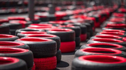 Rows of black racing tires with bright red inner rims arranged on asphalt creating a repetitive pattern for motorsport track safety barriers in daylight