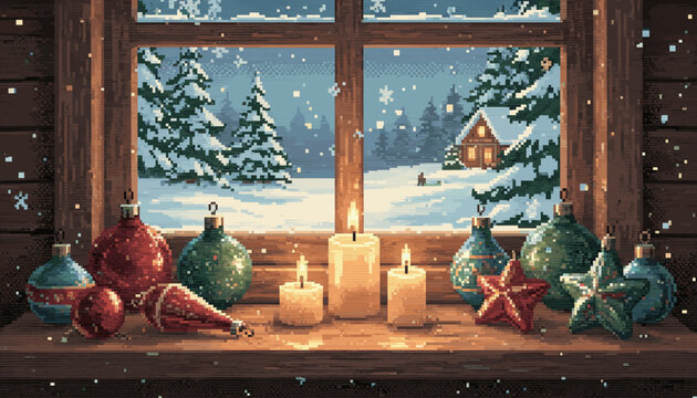 Pixel art Christmas ornaments and lit candles on a wooden windowsill create a cozy holiday scene with a snowy forest and cabin view through the window during a snowfall - Powered by Adobe