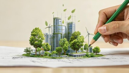 The hand drawing a sustainable urban development with green trees and wind turbines, eco city planning concept, renewable energy infrastructure, green building architecture