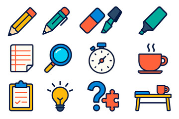 Logic Puzzle Tools. Flat vector icons of logic puzzle solving tools: sharp pencil, mechanical pencil, eraser block, highlighter,