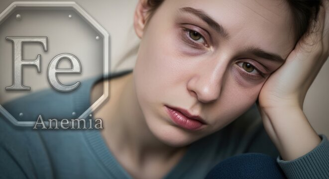 Young woman feeling unwell and showing severe fatigue, pale skin, dark circles under her tired eyes, displaying symptoms of anemia. Concept of low iron and sickness.