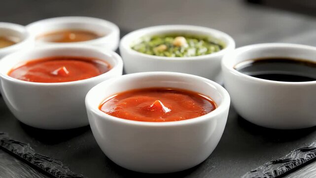 A Diverse Collection of Flavorful Sauces and Dips in Small White Serving Bowls