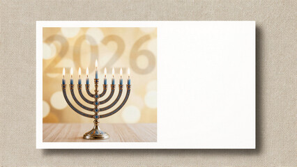 Hanukkah 2026 greeting card mockup with printed hanukkiah and subtle numeric background