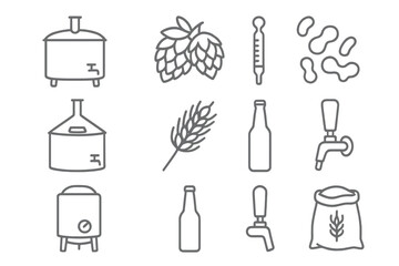 Beer Production Icons. Line style icons of Beer Production: Mash Tun, Hops Cones, Yeast Strain, Fermentation Lock; Brewing Kettle,