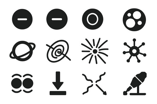Particle Physics Icons. Solid style icons of Particle physics: electron, proton, neutron, quark symbol, collider ring, bubble