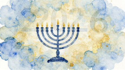 Hanukkah 2026 watercolor background with nine-branched hanukkiah and subtle numeric strokes