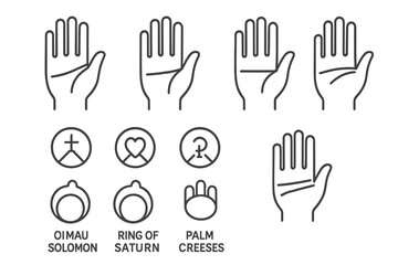 Fototapeta premium Esoteric Palmistry Icons. Line style icons of Esoteric Palmistry: Life Line, Heart Line, Head Line, Mounts; Mercury Mount, Venus