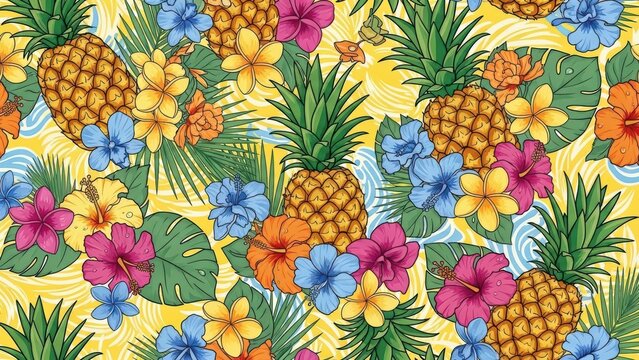 Vibrant tropical pattern with pineapples and flowers for summer design