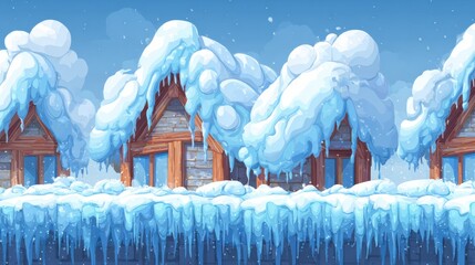 Winter Season Brings Cartoon Snow Caps and Icicles on Rooftops for Cozy Holiday Decorations and Festive Game Assets