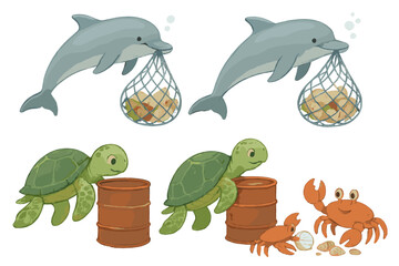 Marine Cleanup Team. Underwater cleanup crew with dolphins carrying nets, turtles pushing barrels, and crabs sorting shells No