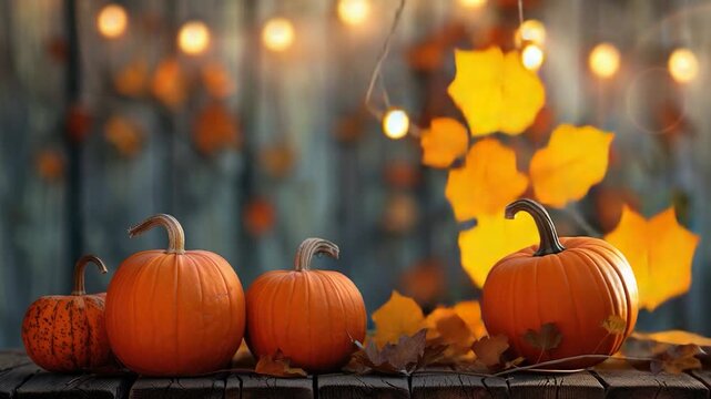 Video Three vibrant orange pumpkins placed on a rustic wooden table, perfect for fall decor or harvest-themed