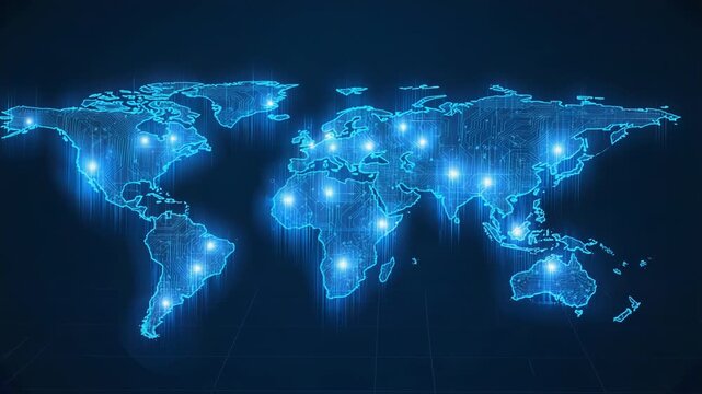 A glowing blue world map illustrates global connectivity and network nodes