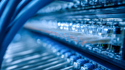 Network hardware with connected optic fiber cables and transparent connectors in a modern data center infrastructure environment with blue lighting effects