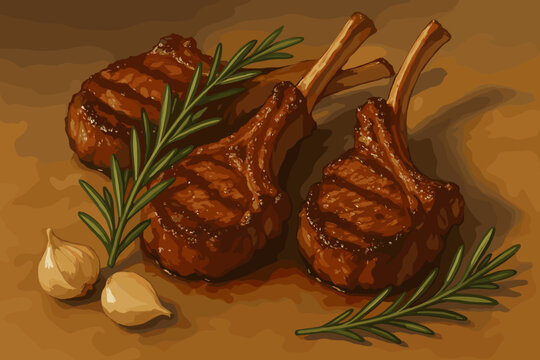 Succulent Grilled Lamb Chops. Juicy grilled lamb chops garnished with vector illustration rosemary and garlic, rich earthy tones,
