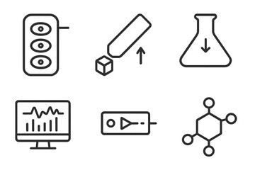 Fototapeta premium Mass Spec Icons. Line style icons of Mass Spec Instrumentation: ion trap, flight tube, sample inlet, data processing screen,
